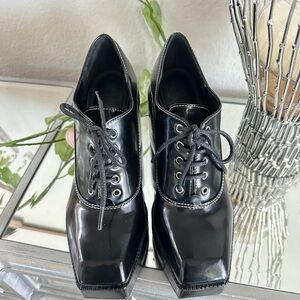 Gianni Bini Black Patent Square-Toe Lace-Up Platforms